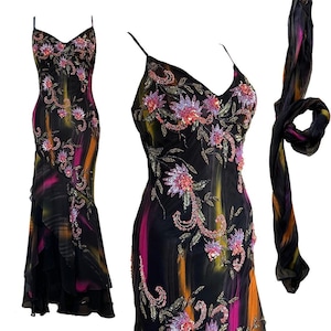 Multicoloured Silk Beaded Dress Festival Dress Evening Summer Formal Prom Wedding Guest Ethereal Fairy Floral Embellished Black Size UK 10