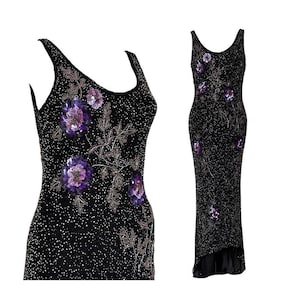 Silk Beaded Maxi Dress Floral Evening Dress Y2K Beaded Sequin Prom Dress Formal Party Wedding Guest Bridesmaid Fairy Size UK 12