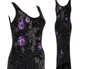 Silk Beaded Maxi Dress Floral Evening Dress Y2K Beaded Sequin Prom Dress Formal Party Wedding Guest Bridesmaid Fairy Size UK 12