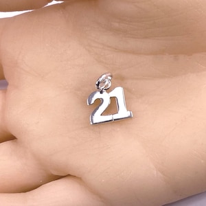Op de afbeelding: Een kleine, zilveren bedel in de vorm van het nummer 21. De bedel is glanzend en heeft een lus aan de bovenkant om aan een ketting of armband te bevestigen. De bedel wordt in de hand van een persoon gehouden.
