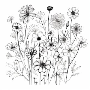10 Beautiful Black And White Sketches Of Flowers Clipart, Black And White Flower Clipart, High Quality PNG, Printable, Colorable