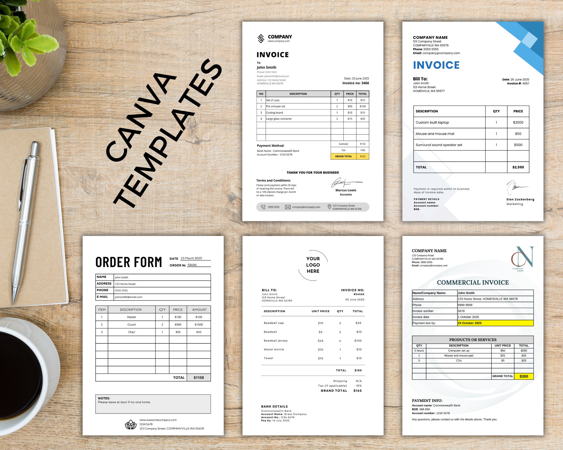 Editable Invoice Template Bundle: 5 Canva 5 Word/pdf/gdocs Digital ...