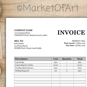 Puede incluir: Plantilla de factura con una tabla que enumera los servicios y los costes. Los servicios incluyen el diseño de logotipos, la redacción de textos para un sitio web, la creación de imágenes de clipart y la redacción de entradas de blog. La factura es para John Smith, con una fecha de vencimiento el 29 de mayo de 2025.