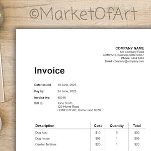 May include: A printed invoice on a wooden desk. The invoice includes details such as the date, invoice number, and a list of items: dog food, dog house, and garden fertilizer. A cup of coffee, a pen, and a small plant are also visible.