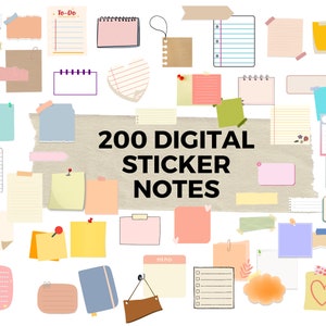 May include: A collection of 200 digital sticker notes in various colours and styles, including lined, plain, and patterned designs. The notes are perfect for adding a touch of personality to digital planners, journals, and documents.