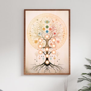 Decoração de parede abstrata da Árvore da Vida da Cabala com moldura de madeira, Arte estética moderna da árvore, Árvore da vida dos chakras, Pôster de arte pacífica da Cabala Zen