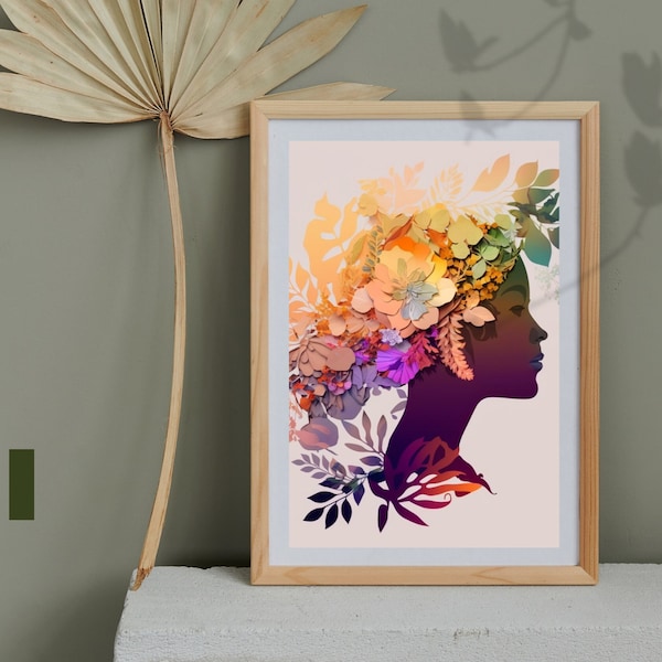 Elegant African Woman with Flowers, Floral Black Woman Silhouette, Woman Portrait Floral Headdress, Modern Floral Female Digital Download