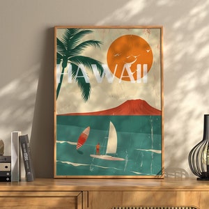 Drewniana rama Vintage Retro Hawaii Travel Art Poster, Retro Hawaii Wall Art, Retro Surf Beach Poster, Vintage House Gift, Traveler Art Prints