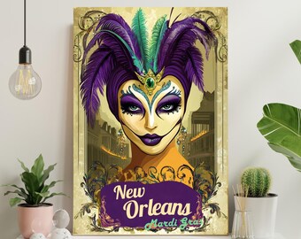 Holzgerahmter Vintage Karneval New Orleans Wand Kunst Druck, Retro Mardi Gras Wand Poster, druckbares Stadt Poster, Vintage Art Deco, Haus Geschenk