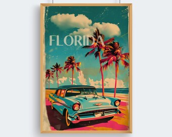May include: A vintage style poster with a blue car driving on a beach with palm trees and the word "FLORIDA" in white text.