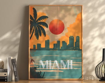 Vintage retro reisposter Miami, retro reisposter Miami, afdrukbare stadsposter, vintage huiscadeau, verjaardagscadeau, afdrukbare kunst