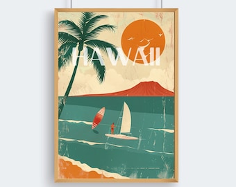 May include: A vintage-style poster with a palm tree, a red volcano, and a sailboat on the ocean. The poster has a distressed, faded look and says "HAWAII" in white letters.