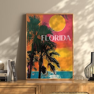 Póster de viaje retro vintage de Florida, póster de viaje retro de Florida, impresiones artísticas de verano con palmeras y sol vintage, regalo de casa vintage imprimible