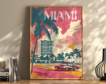 Vintage retro Miami reizen kunstposter, retro Miami reizen poster, retro stad collectie print, vintage huis cadeau, reiziger afdrukbare kunst
