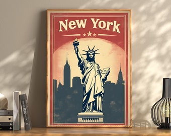 Wood Framed Vintage Retro New York Travel Wall Art Print, Retro New York City Liberty, Old City Poster, Vintage Art Deco, Home Decor Gift
