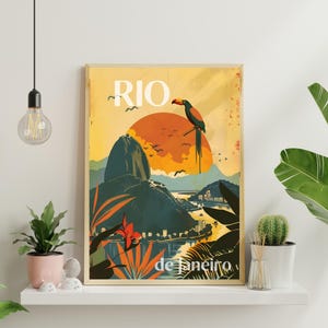 Stampa artistica da parete con cornice in legno, Rio de Janeiro retrò, poster minimalista vintage del Brasile, decorazione con paesaggio urbano pastello, regalo di viaggio per lei, arte retrò per la casa