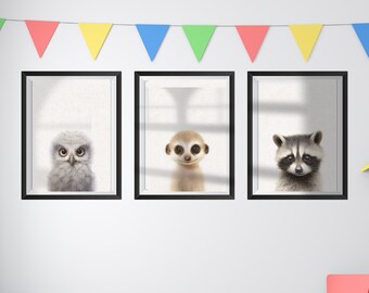 3 set forest animals wall art print, boys-girls room wall decor, boho nursery gallery wall art, cute baby animals prints digital download