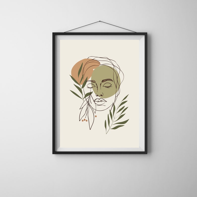 Sage Green Boho Female Line Art Print, Wildflower Woman Wall Art Poster ...