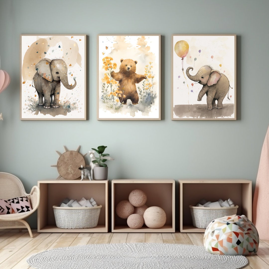 3 Set of Boho Watercolor Nursery Wall Art, Cute Baby Bear and Baby ...