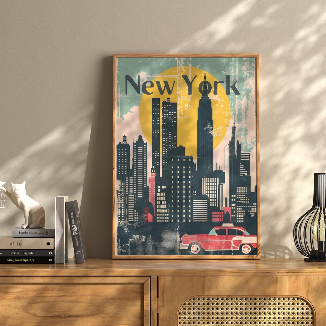 Wood Framed Vintage Retro New York Travel Wall Art Print, Retro New ...