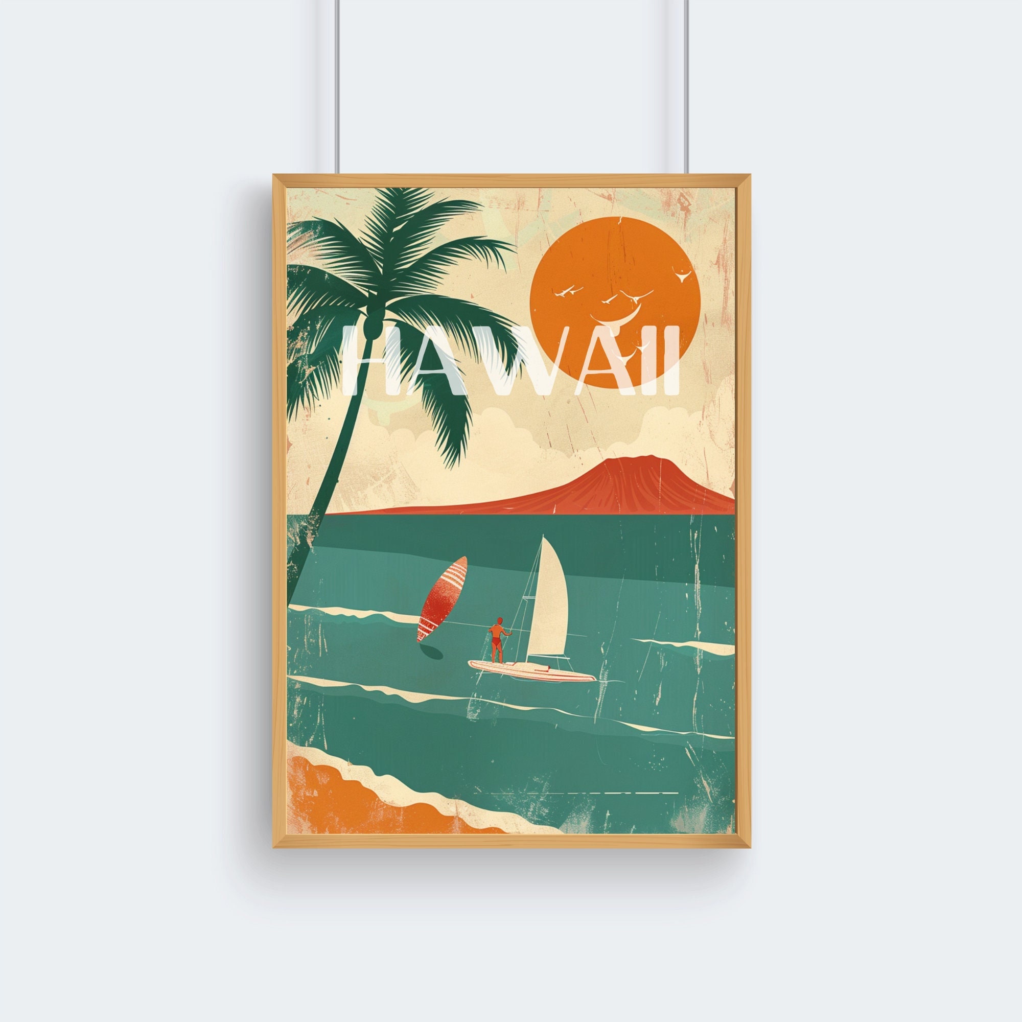 Vintage retro reisposter Hawaï, retro reisposter Hawaï, retro surfstrandposter, vintage huiscadeau, reiziger muurkunstafdrukken