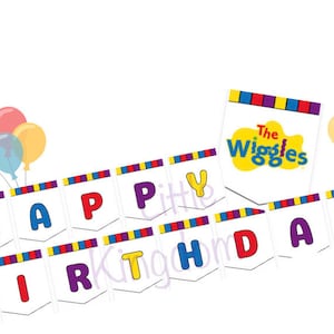 May include: A colorful birthday banner with the words "HAPPY BIRTHDAY" in bold, multi-colored letters. The banner is decorated with balloons and a sign featuring "The Wiggles" logo. Perfect for a children's birthday party.