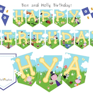 以下が含まれることがあります： 「ハッピーバースデー」という言葉と、「リトルキングダムフラッグ」という言葉が書かれた青い旗がついたカラフルなバナー。バナーには、子供向け番組「ベンとホリーの小さな王国」のキャラクターが描かれています。