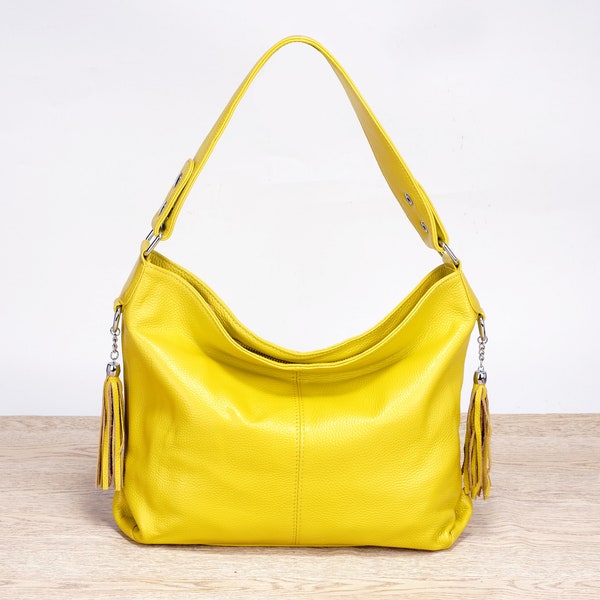 Yellow Soft Leather Tote Bag, Full Grain Leather Bag, Yellow Bag with Tassel, Handbags for Women, Leather Shoulder Bag, Mustard Leather Bag