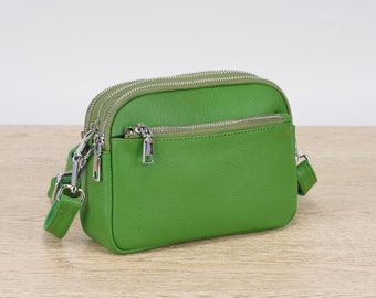 PETIT SAC CROSSBODY, Sac à bandoulière en cuir de tous les jours, Femme sac à main en cuir, Sac à poches zippées, Cadeau en cuir pour elle, Sac à main crossbody vert