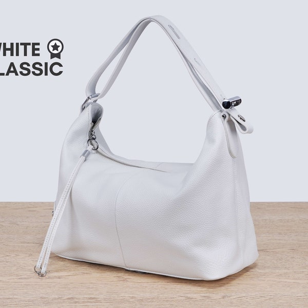 White Leather Tote Bag for Women, White Shoulder Leather Hobo Bag, Soft Leather Tote, Shopping Bag for Girl, Handmade Bag, Christmas Gift