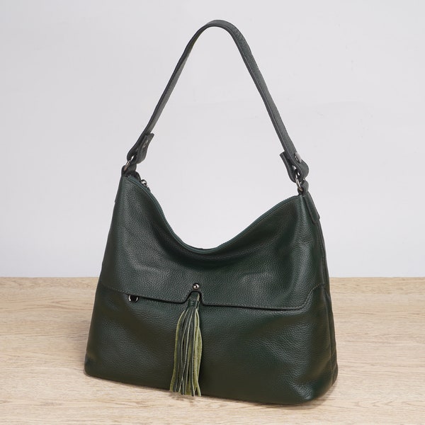Green Shoulder Bag, Drawstring Tote Bag, Women Crossbody Bag, Leather Green Bag Women, Bag with Inner Pocket, Laptop Tote Bag, Leather Purse