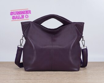 Purple Leather Shoulder Bag, Purple Hobo Bag, Crossbody Hobo Bag, Leather Tote Crossbody Bag, Laptop Tote Bag, Everyday Leather Handbag