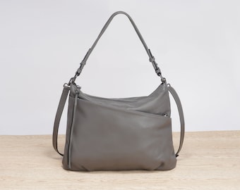 Gray Leather Bag, Women Leather Tote Bag, Genuine Leather Messenger Bag, Leather Handbag, Leather Purse, Hobo Bag, Crossbody Strap