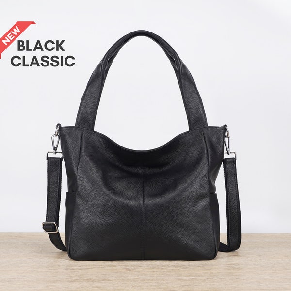 Black Leather Tote Bag, Large Hobo Leather Bag, Women Computer Bag, Leather Bag For Woman, Shopper Market Everyday Purse, Leather Handbag