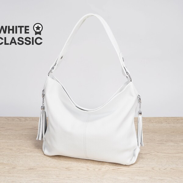 Sac en cuir véritable blanc, sac à main en cuir, sac en cuir pour femmes, sac fourre-tout avec fermeture éclair, sac fourre-tout en cuir avec pompon, sac à main blanc