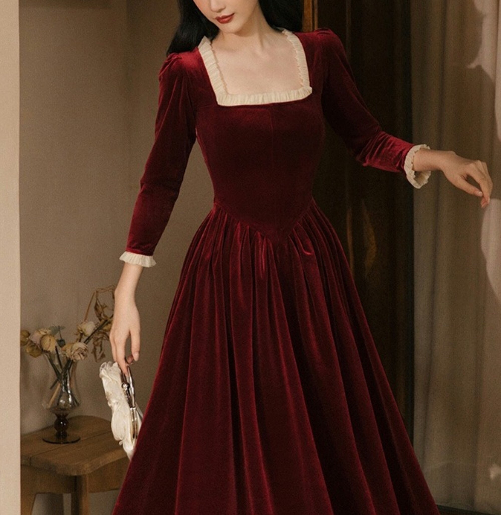 Red velvet evening clearance gown
