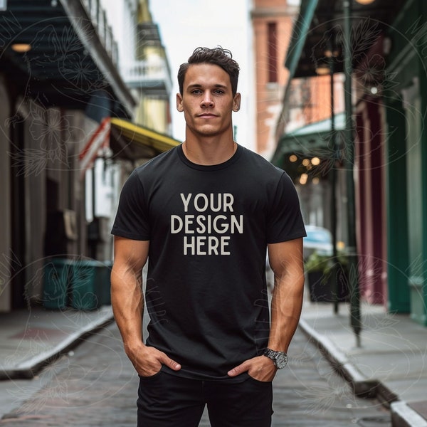 Bella Canvas 3001 Male Model Mockup, Black T-Shirt Mock up Outdoors Urban City Street, Handsome Confident Man, BC3001 Unisex T-Shirt Mocks