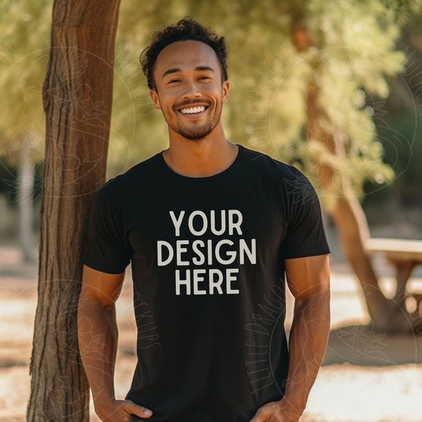 Bella Canvas 3001 African American Male Model Mockup, Black T-Shirt Mock up Outdoors at Camping Picnic, Black Man Unisex T-Shirt Mocks