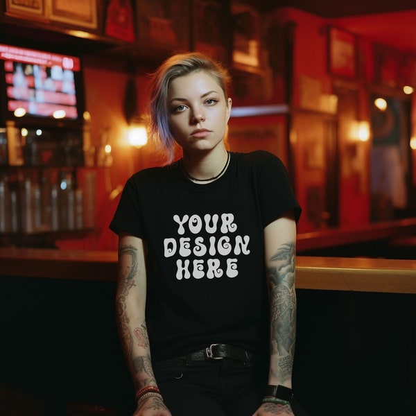 Bella Canvas 3001 Mockup with Tattooed Punk Female Model, BC3001 Black T-Shirt Womens Mock up set at Music Venue Bar, Alternative Goth Woman