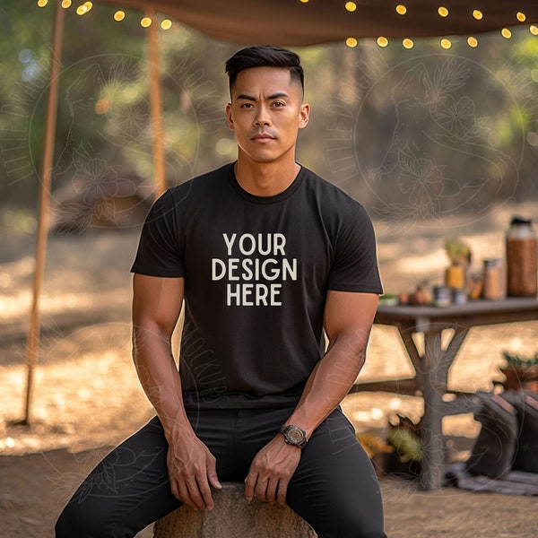 Bella Canvas 3001 Male Model Black T-Shirt Mockup, Outdoors Camping Hiking Picnic, Attractive Asian Polynesian Pacific Islander Mens Mocks