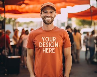 Bella Canvas 3001 Burnt Orange T-Shirt Mock up Outdoors at a Tailgate Party, Smiling Male Model Mockup for Football and Baseball Sports