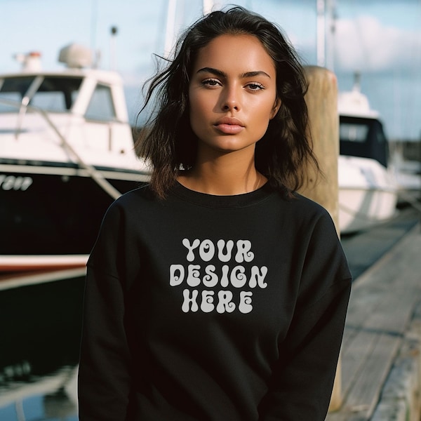 Gildan 18000 Black Sweatshirt Womens Mock up, Set outdoors at marina with boats, Pretty Female Model Sailing, Preppy Summer Sweater Mocks