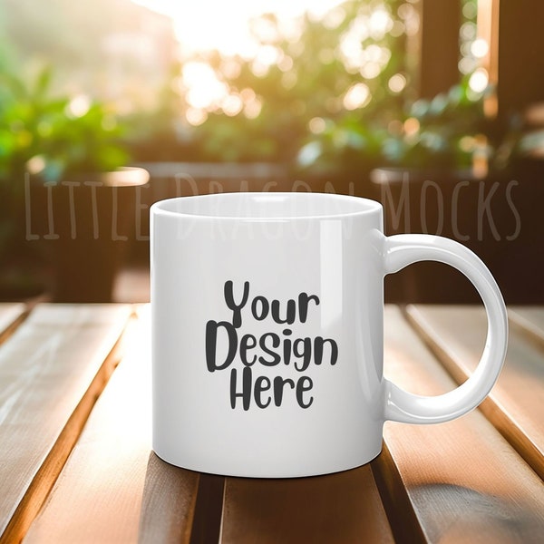 White Ceramic Mug 11 Ounces Mockup, Coffee Mug Mock-up for Outdoor on Home Patio Deck with Plants during Morning Sunrise, 11 oz Mug Mock Ups