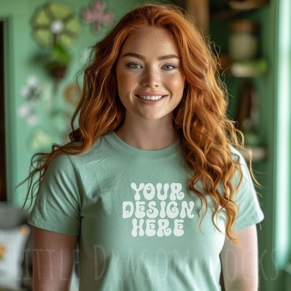 Bella Canvas 3001 Mint St. Patrick's Day T-Shirt Mockup on Red-Headed Female Model, BC3001 Irish Woman Boho Saint Paddys Day Mock-up