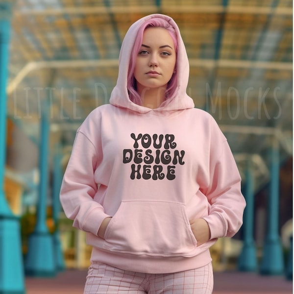 Gildan 18500 Light Pink Hoodie Womens Pastel Goth Mock up, Pink Hair at Amusement Theme Park, Punk Rock Alt Female Model Hooded Sweatshirt