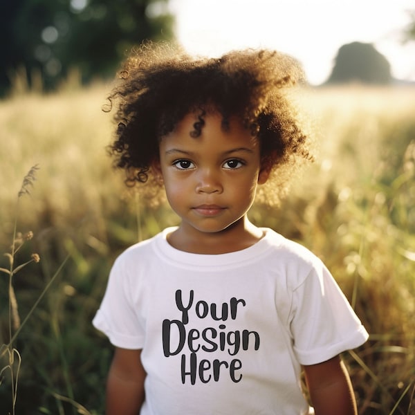 Rabbit Skins 3322 African American Infant White T-Shirt Baby Mockup, 6M - 24M, Child outside in meadow with natural light for summer