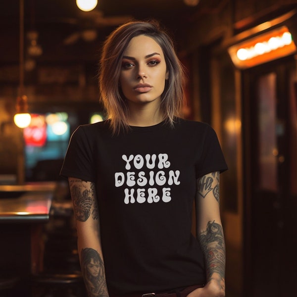 Bella Canvas 3001 Mockup with Tattooed Punk Female Model, BC3001 Black T-Shirt Womens Mock up set at Music Venue Bar, Alternative Goth Woman