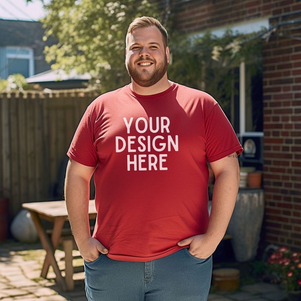 Bella Canvas 3001 Red Big and Tall Male Model Mockup, Backyard Grilling and BBQ Setting, Plus Sized Mens T-Shirt Mocks for Dad or Brother