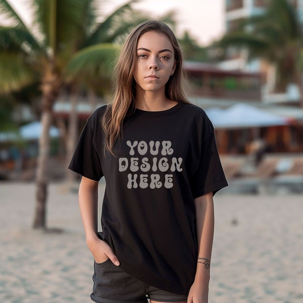 Comfort Colors 1717 Black Oversized T-Shirt Mockup, Young Woman on Beach, Pacific Coastal Town Puerto Vallarta, Female Baggy Shirt Mock-up