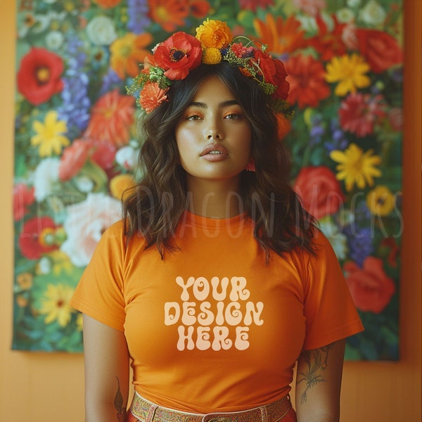 Bella Canvas 3001 Boho Orange T-Shirt Mockup on Indian Female Model, Floral Spring & Summer May Queen Cottage Core Mock up, Feminine Flowers